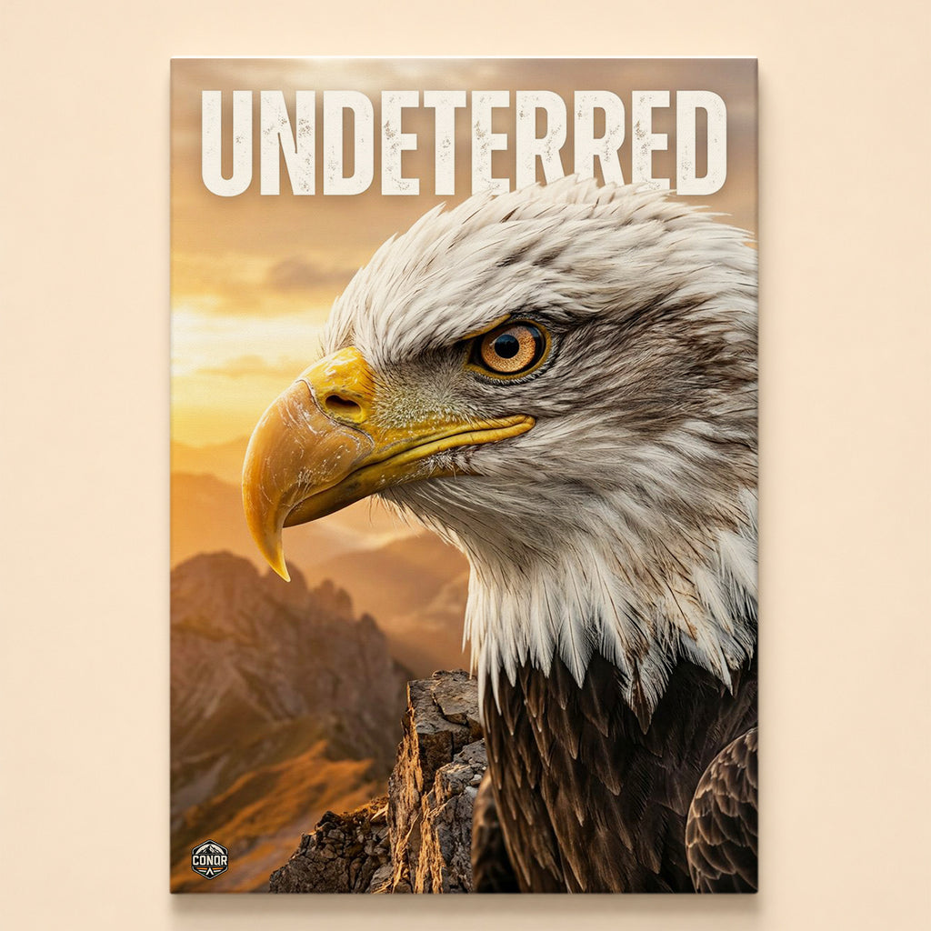 Bald eagle perched on a rock at sunset under the word Undeterred
