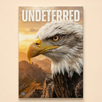 Bald eagle perched on a rock at sunset under the word Undeterred