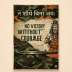 Illustrated sadhu in blessing pose with a sword on camouflage collage – no victory without courage