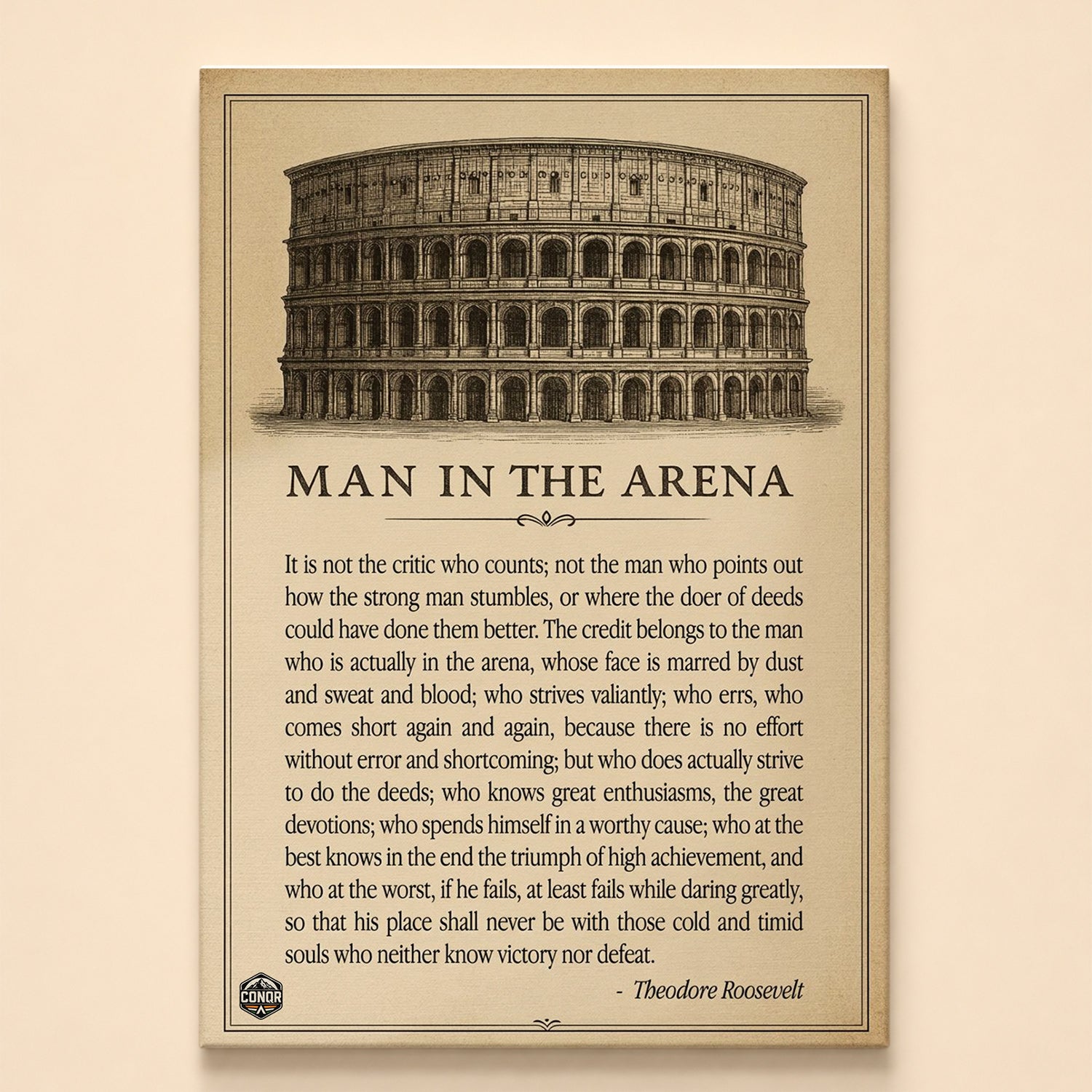 Vintage sepia Colosseum above Theodore Roosevelt's Man in the Arena speech