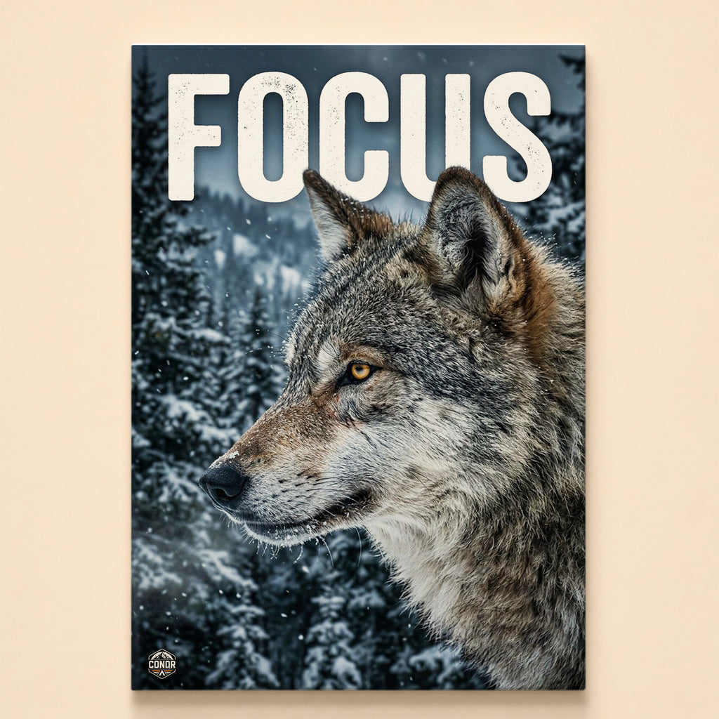 Gray wolf portrait in a snowy winter forest under the word Focus