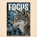 Gray wolf portrait in a snowy winter forest under the word Focus