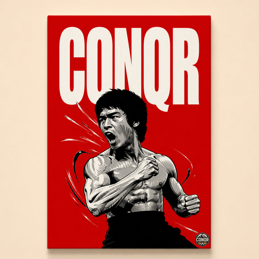 Black-and-white martial artist yelling with fists clenched on a red background