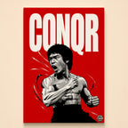 Black-and-white martial artist yelling with fists clenched on a red background