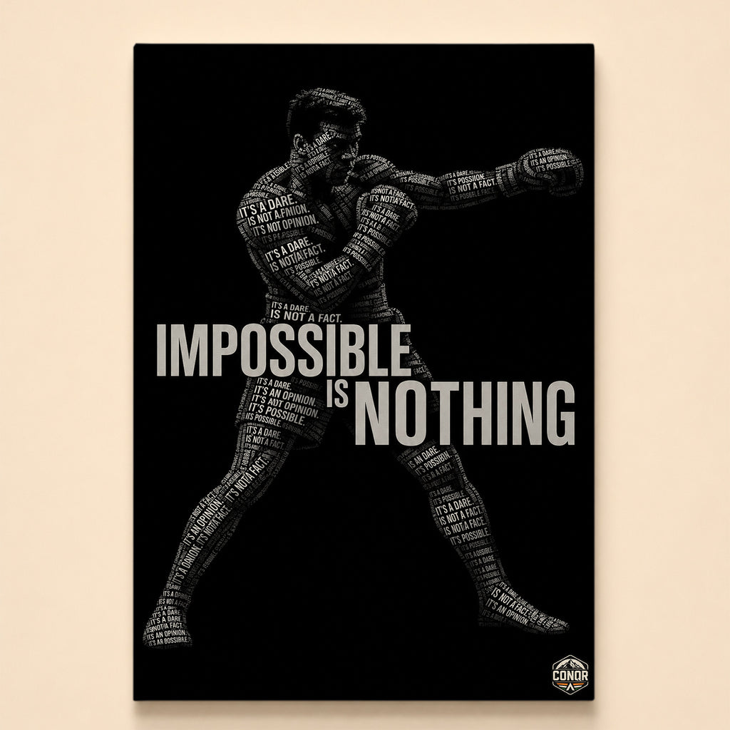 Typographic boxer silhouette built from white text on black – Impossible Is Nothing