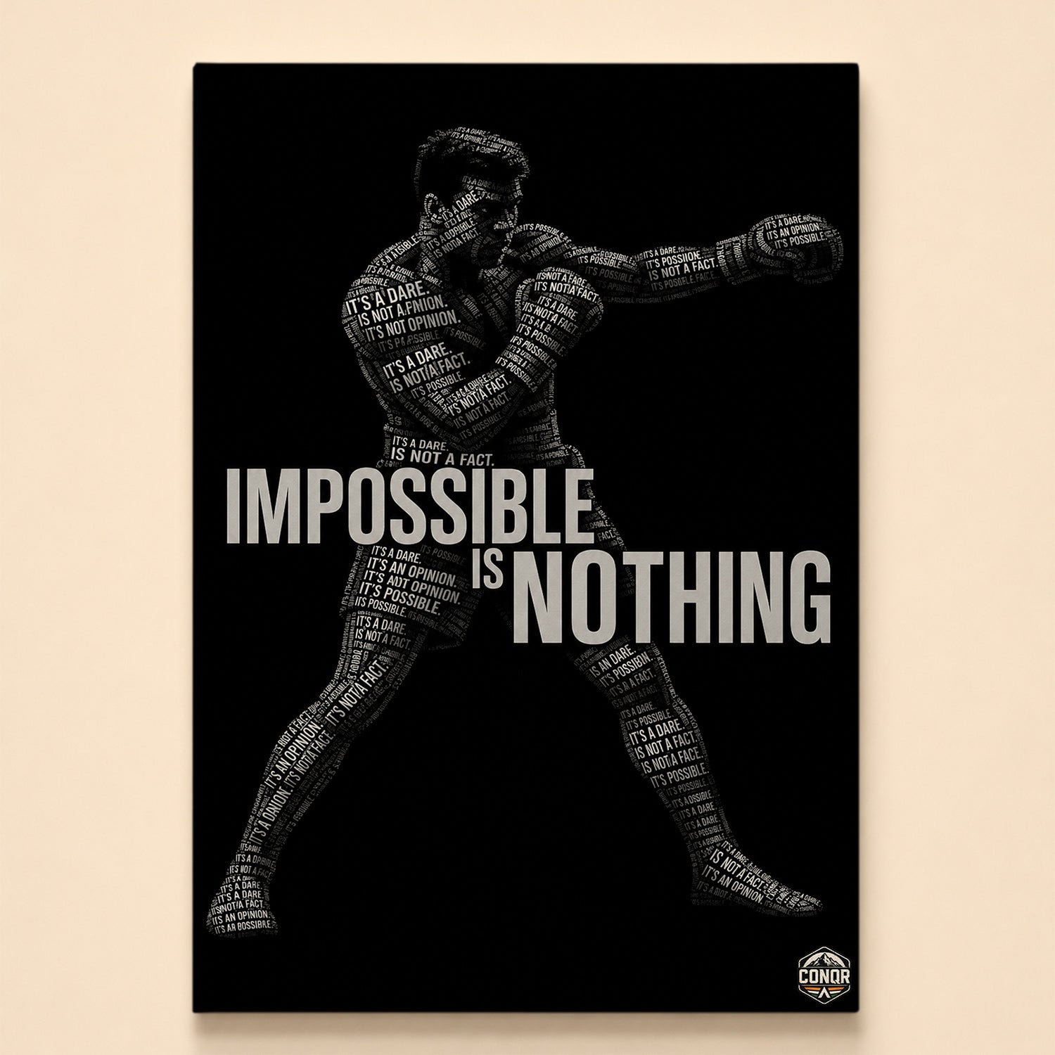 Typographic boxer silhouette built from white text on black – Impossible Is Nothing