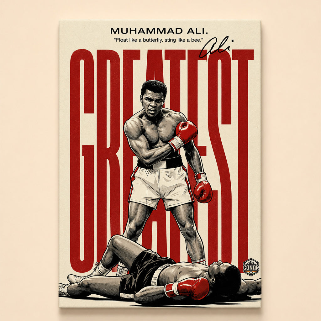 Graphic-style Muhammad Ali standing over a fallen opponent in black, white and red – Greatest