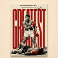 Graphic-style Muhammad Ali standing over a fallen opponent in black, white and red – Greatest