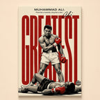 Graphic-style Muhammad Ali standing over a fallen opponent in black, white and red – Greatest