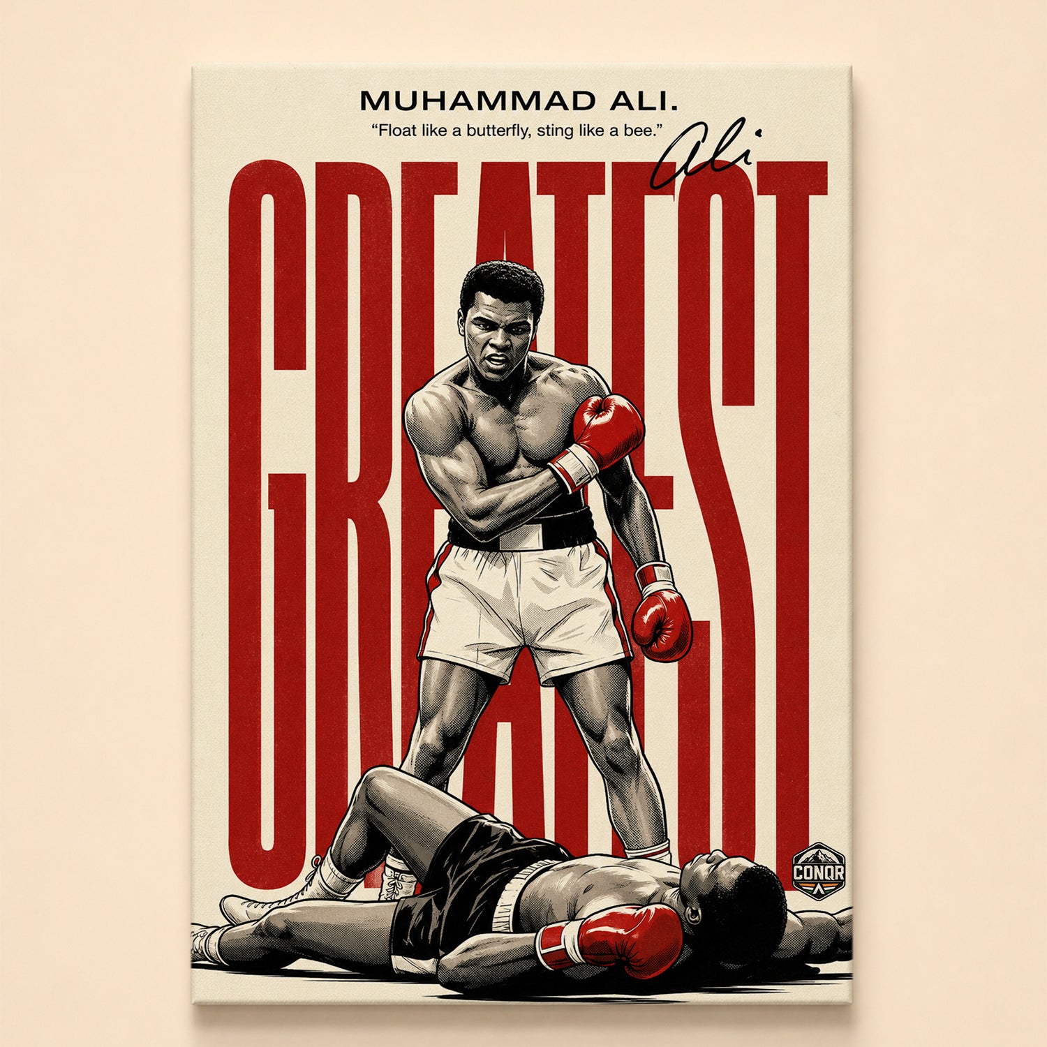 Graphic-style Muhammad Ali standing over a fallen opponent in black, white and red – Greatest