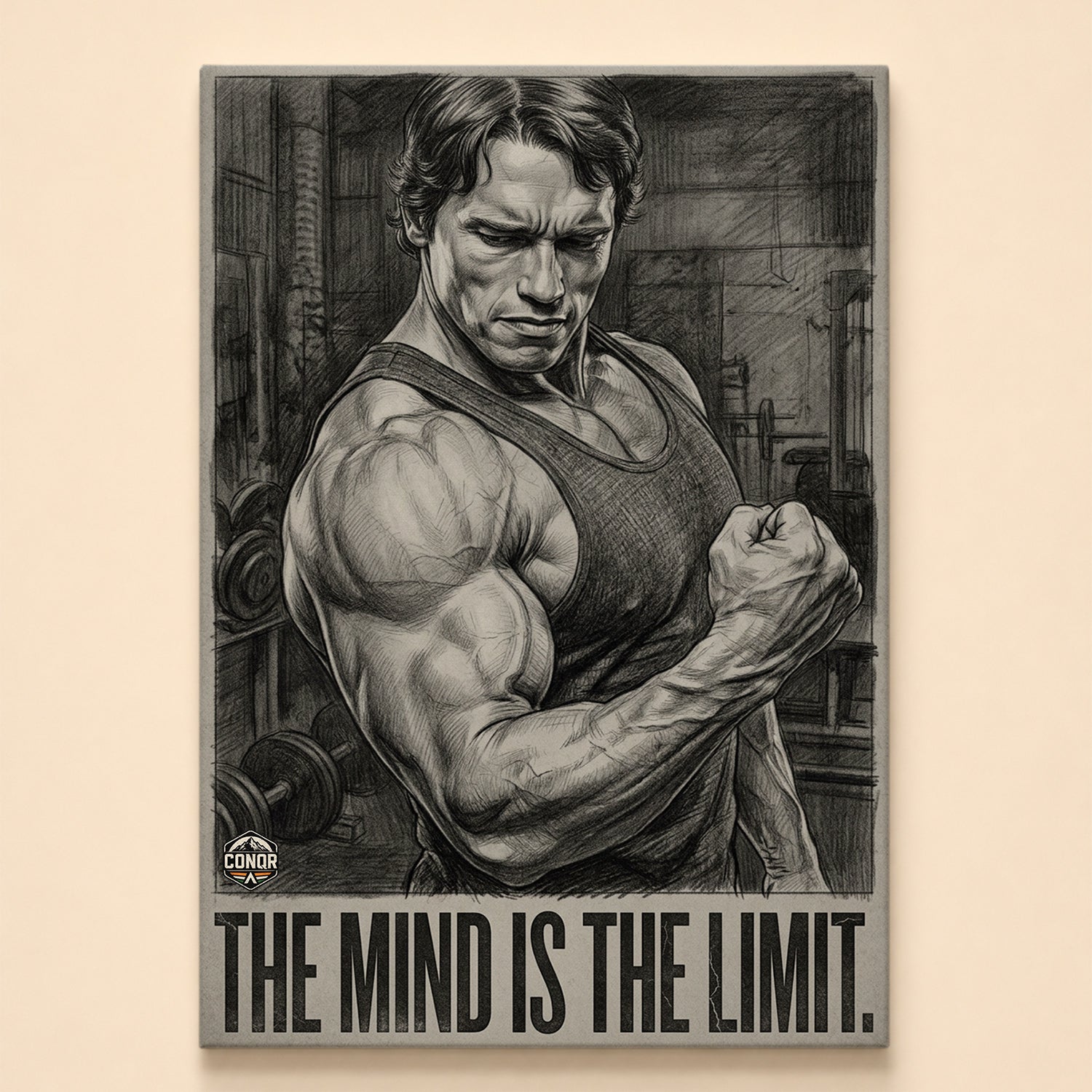 Charcoal sketch of a bodybuilder flexing one arm – the mind is the limit