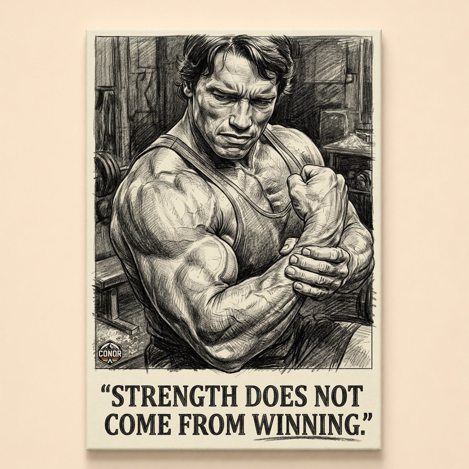Pencil sketch of a muscular bodybuilder with arms crossed – strength does not come from winning