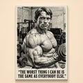 Pencil sketch of a bodybuilder holding a dumbbell – the worst thing I can be is the same as everybody else
