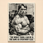 Pencil sketch of a bodybuilder holding a dumbbell – the worst thing I can be is the same as everybody else