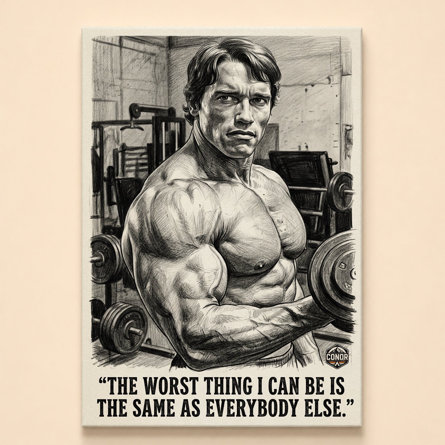 Pencil sketch of a bodybuilder holding a dumbbell – the worst thing I can be is the same as everybody else