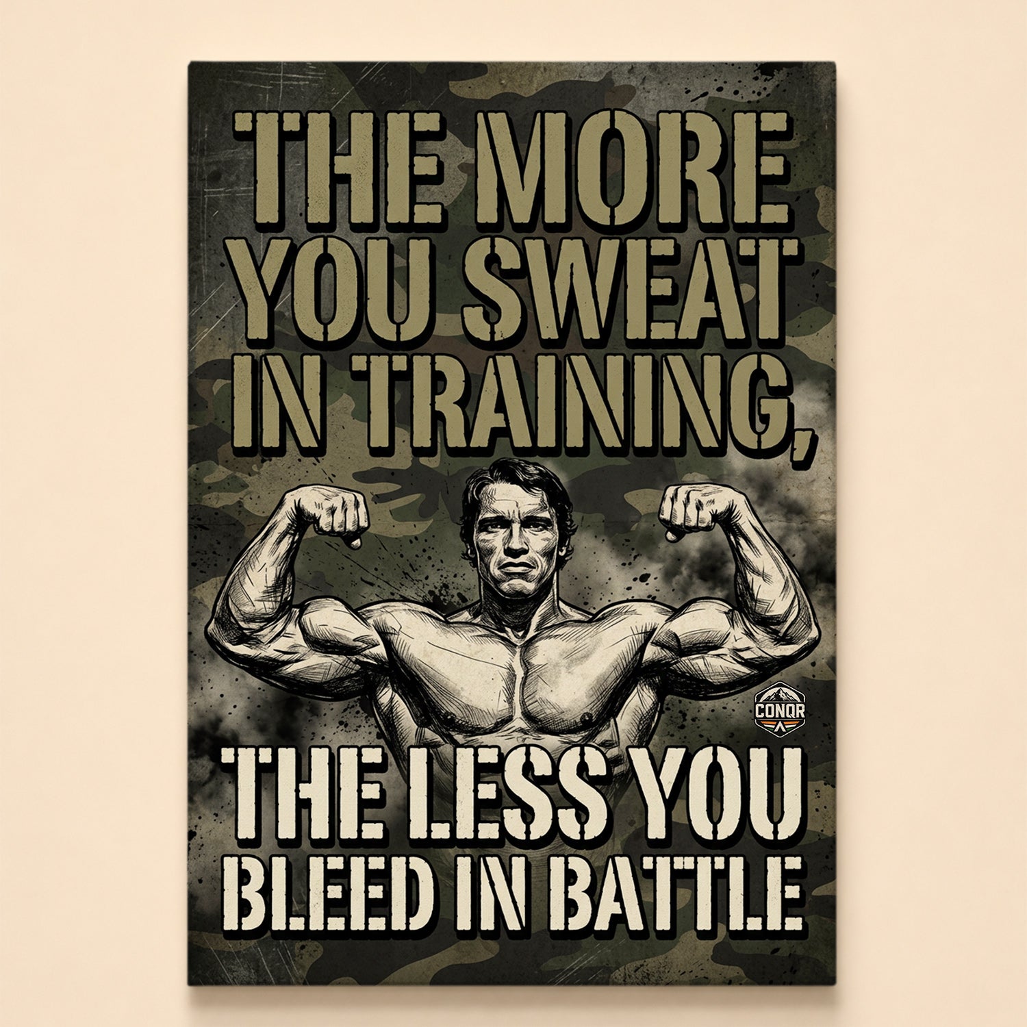 Illustrated double-bicep flex on camouflage – the more you sweat in training, the less you bleed in battle