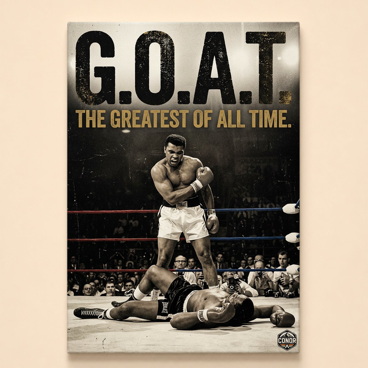 Black-and-white photo of a boxer standing over a fallen opponent – G.O.A.T., the greatest of all time