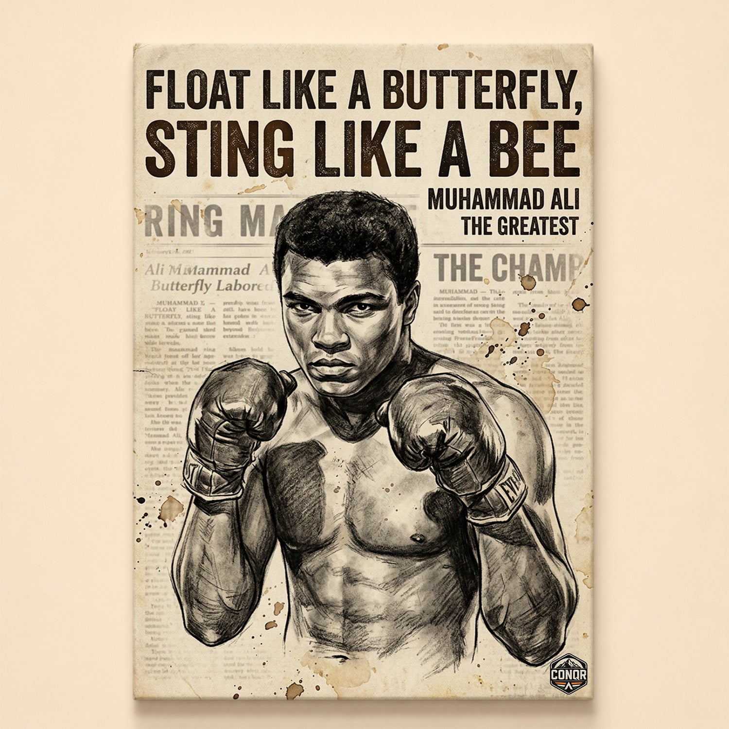 Sketch of Muhammad Ali in fighting stance on newspaper print – float like a butterfly, sting like a bee