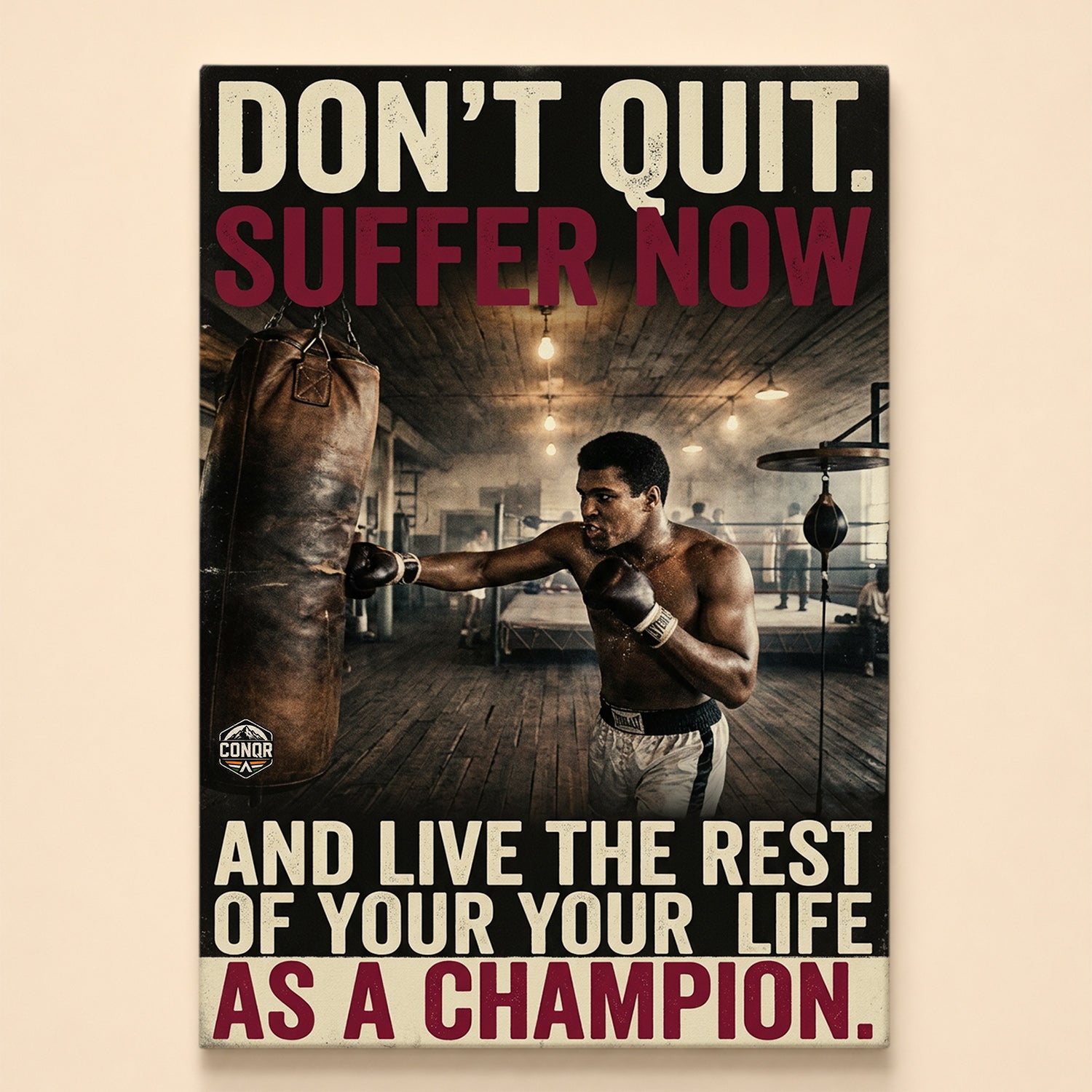 Boxer hitting a heavy bag in a vintage gym – suffer now and live as a champion