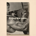 Grainy black-and-white photo of a dumbbell curl – enjoy the pain, signed Arnold Schwarzenegger