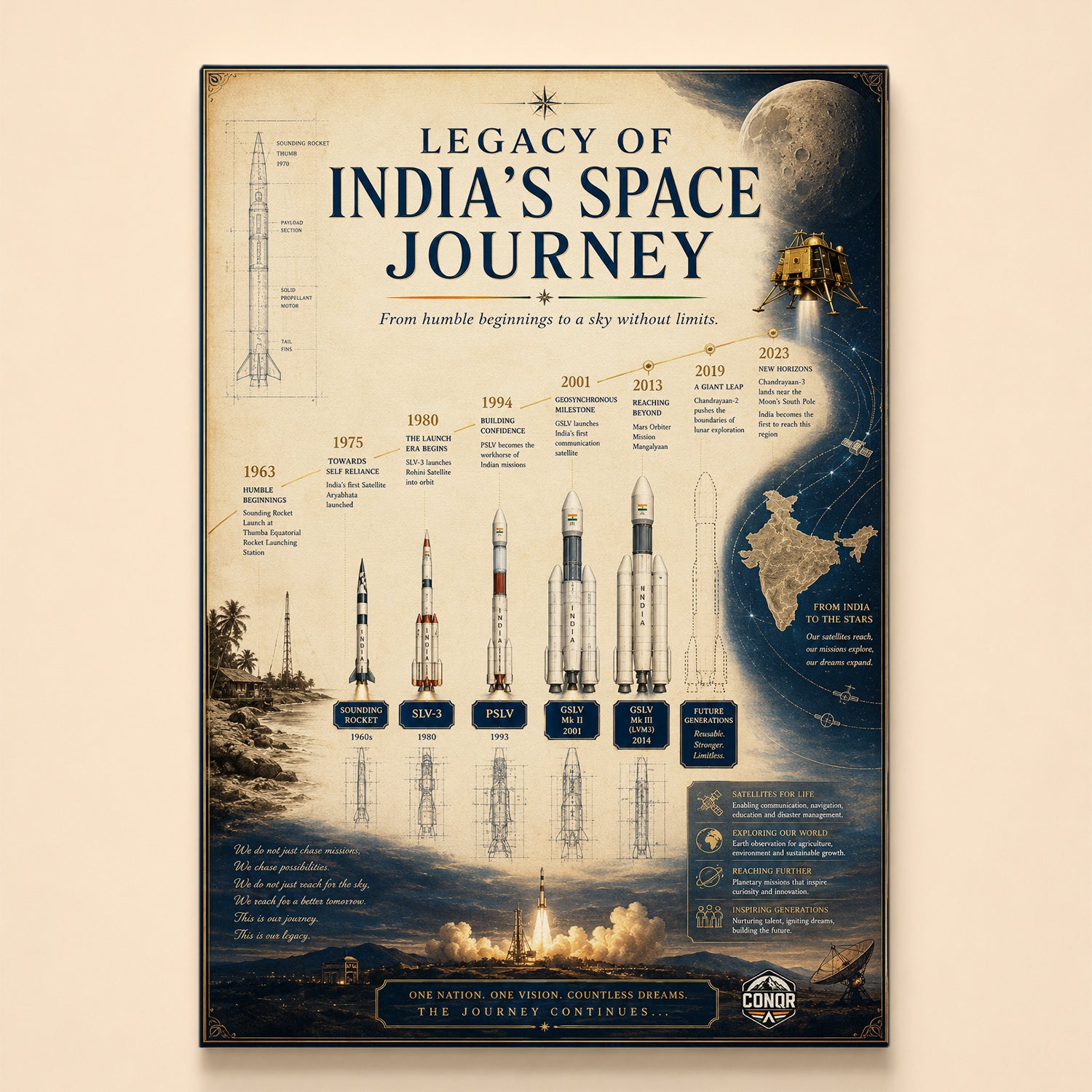 Vintage timeline of India's space journey from Thumba 1963 with rockets growing left to right