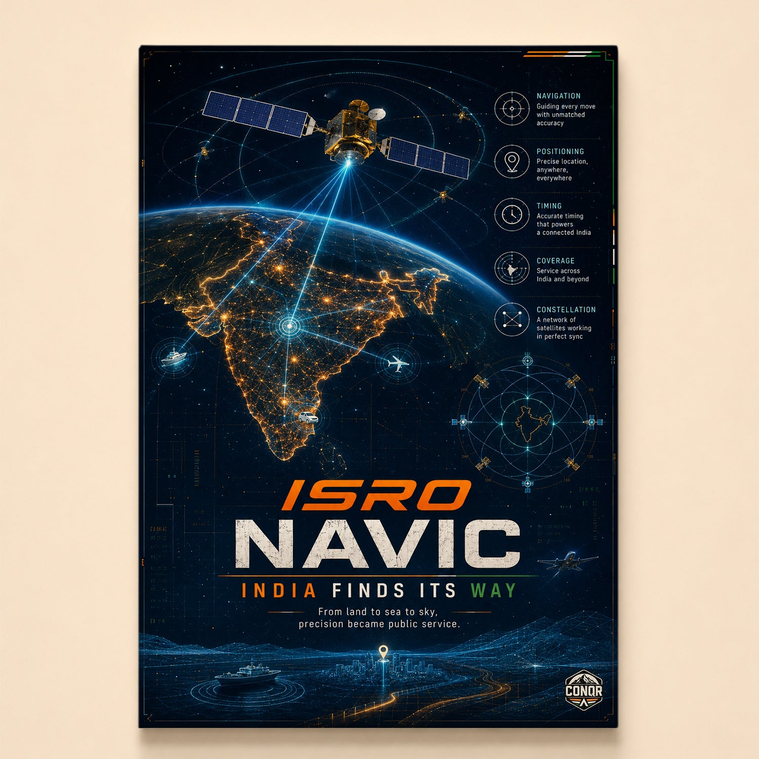 NavIC satellite beaming cyan signals over a golden map of India with ships and aircraft