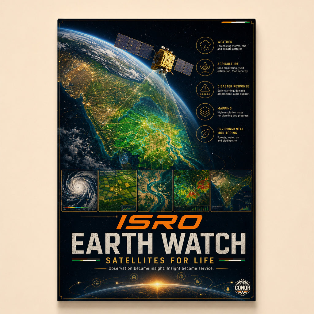 Observation satellite beaming data onto the subcontinent with weather and agriculture panels – Earth Watch