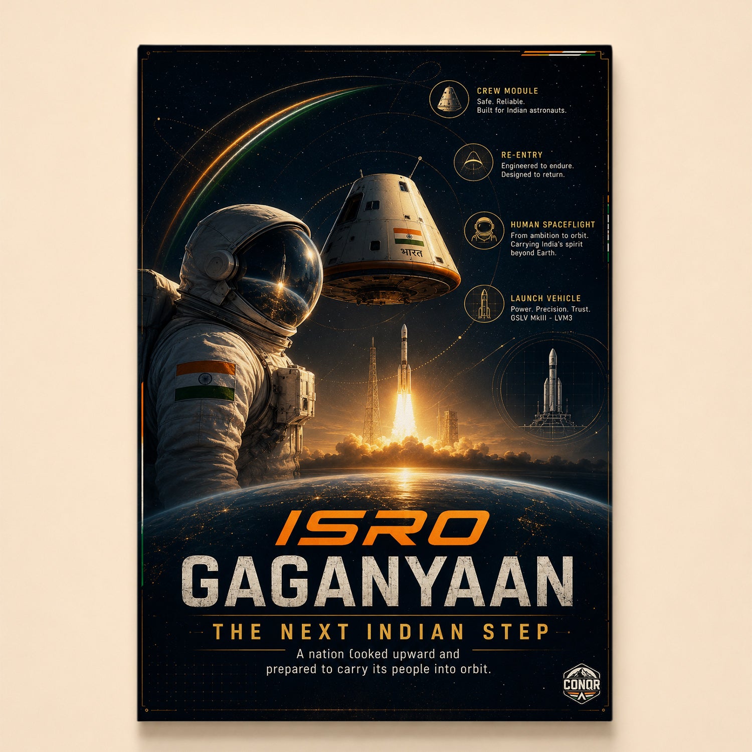 Astronaut with tricolor patch beside the Gaganyaan crew module and a golden launch
