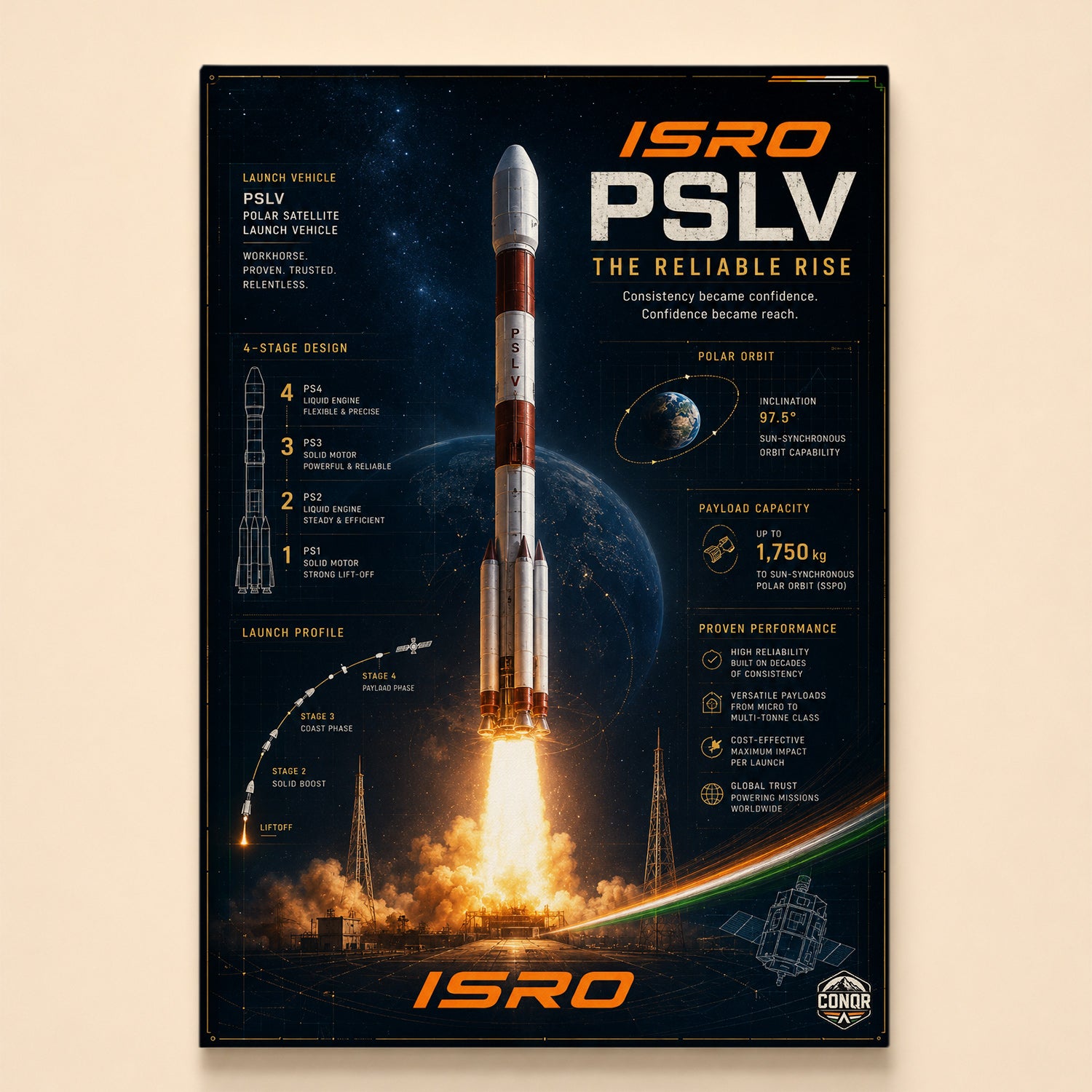 PSLV climbing past its four-stage design diagram with a tricolor streak – The Reliable Rise