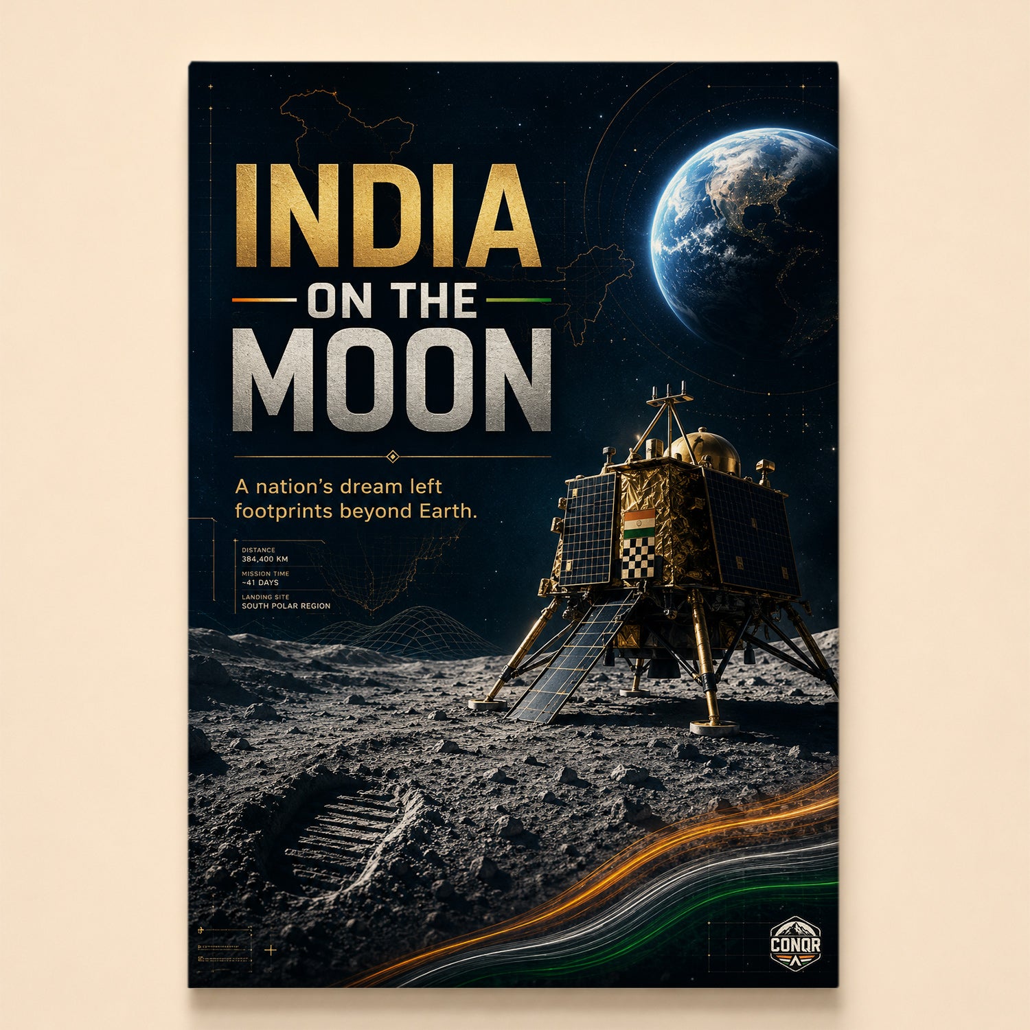 Vikram lander on the lunar south pole with rover tracks and Earth in the black sky – India on the Moon