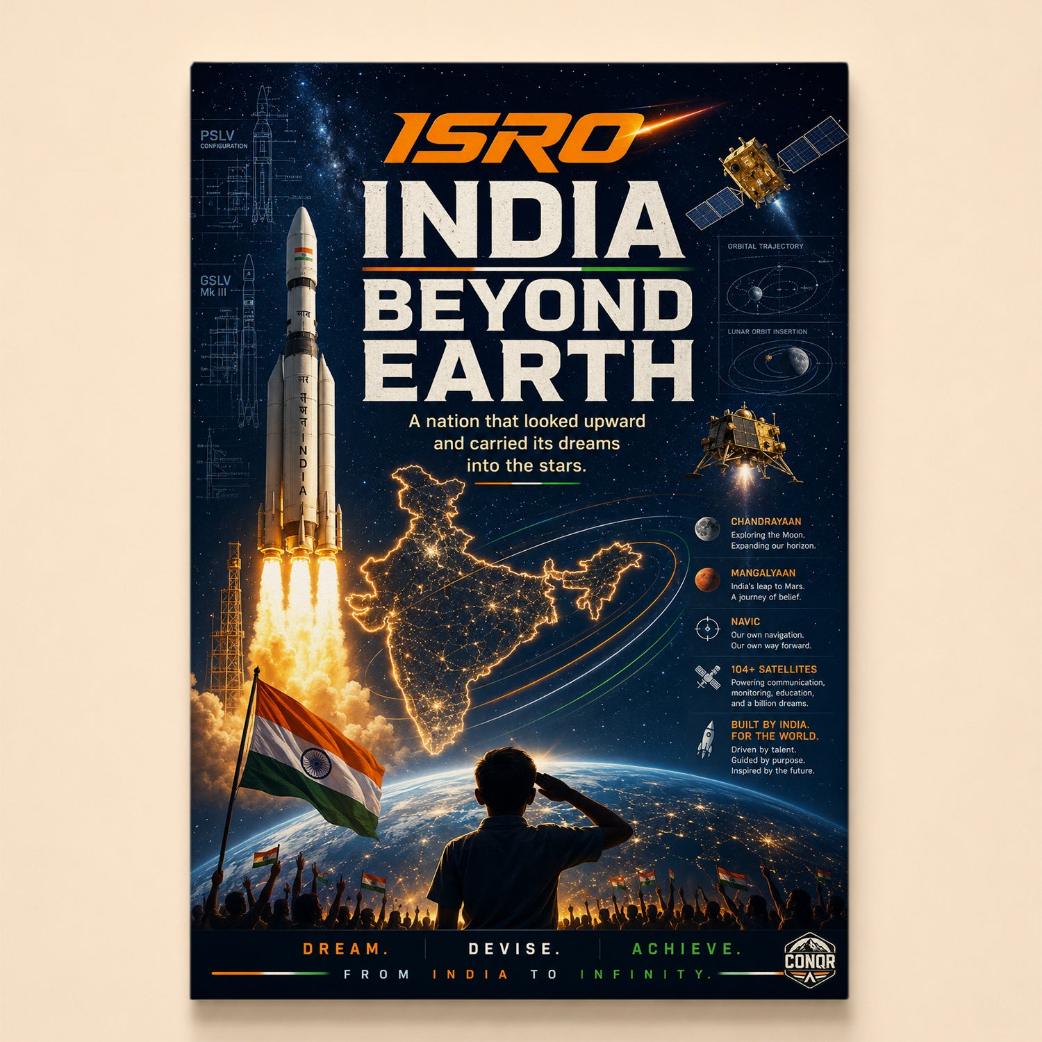 Child saluting a rising rocket as crowds wave flags under a golden India – India Beyond Earth