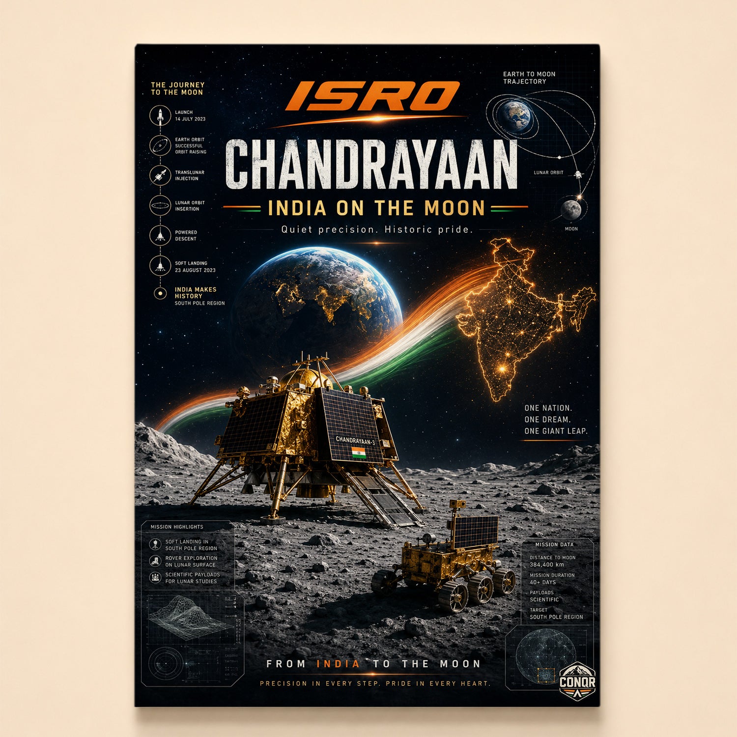 Chandrayaan-3 lander and rover on the Moon with tricolor streak and journey map