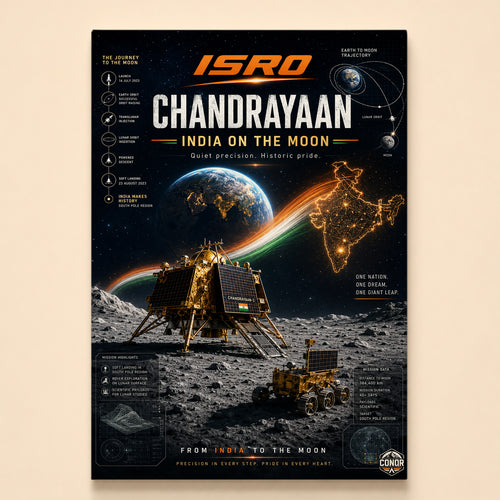 Chandrayaan-3 lander and rover on the Moon with tricolor streak and journey map
