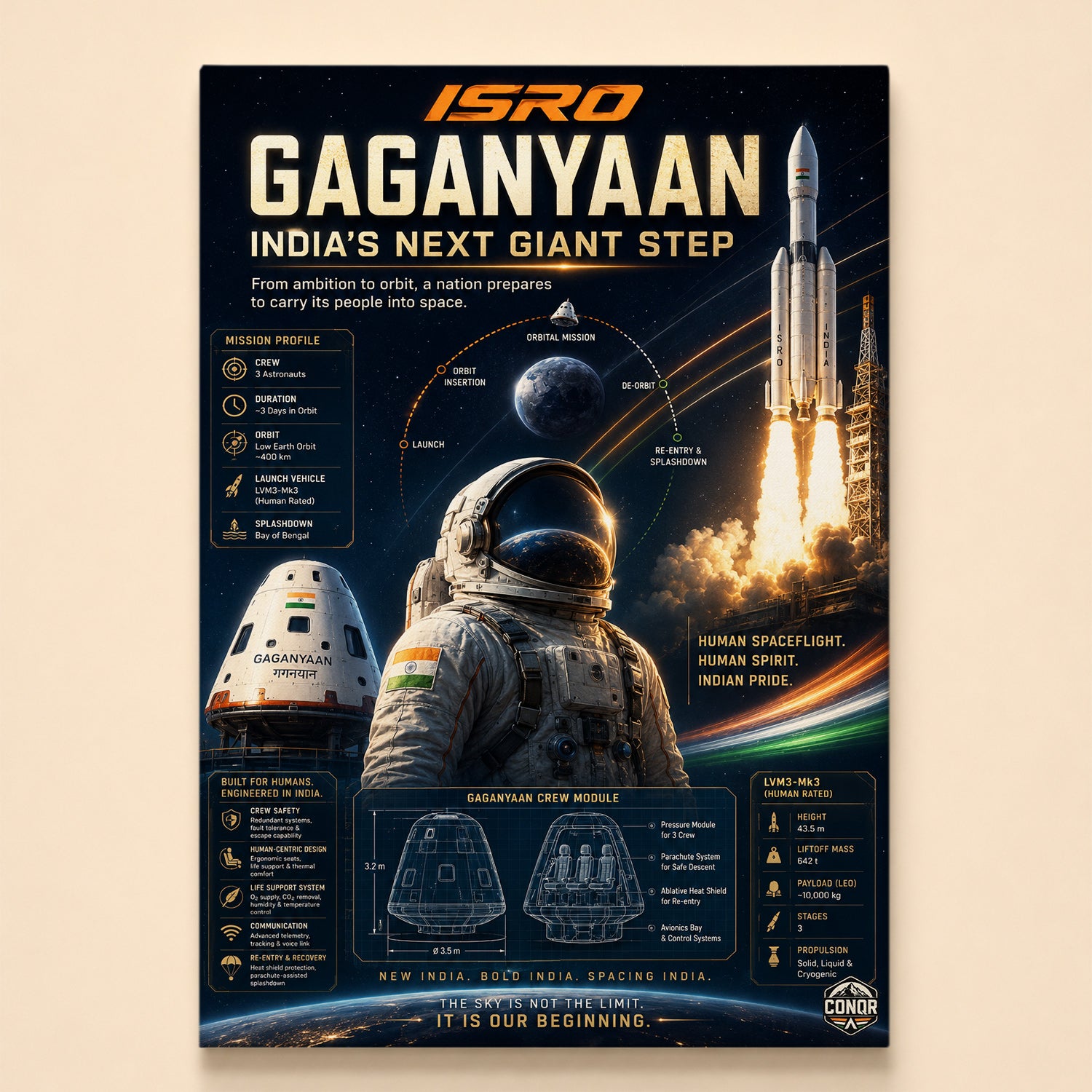 Astronaut before a launching human-rated rocket with the Gaganyaan mission profile overhead