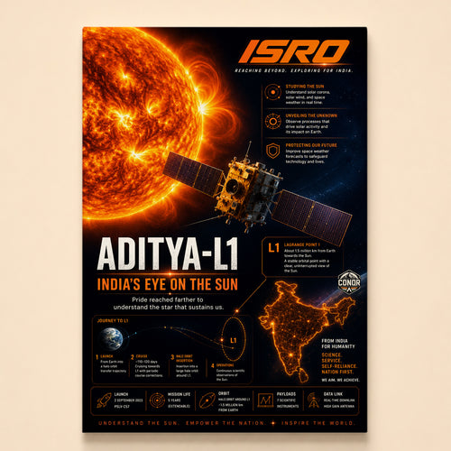 Aditya-L1 at Lagrange Point 1 against a fiery Sun with its three-part mission printed