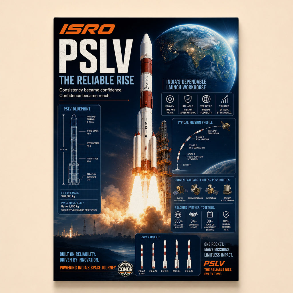 PSLV launching beside its labelled blueprint from PS-1 to payload fairing