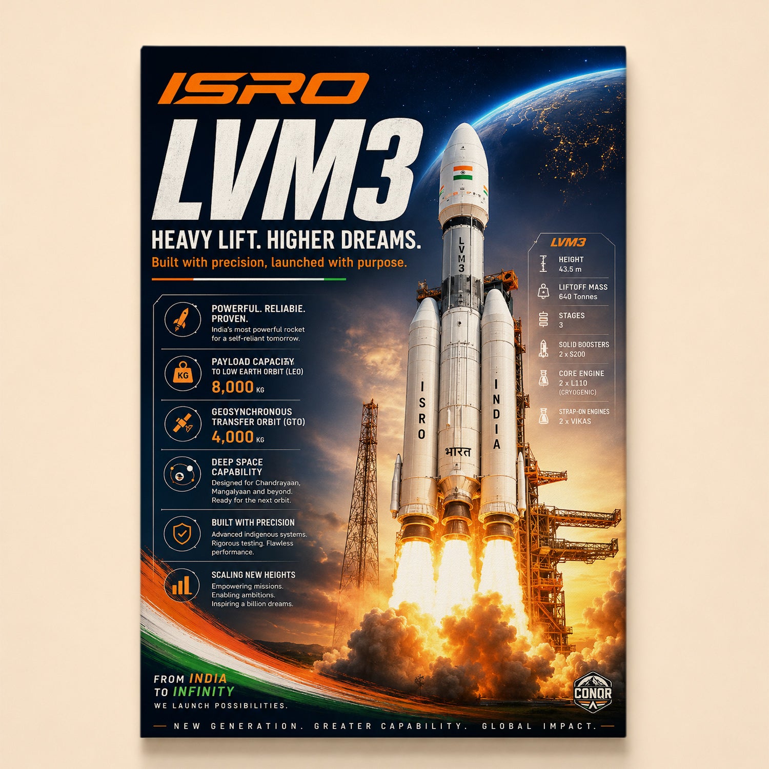 LVM3 punching through its smoke with Earth curving behind – Powerful, Reliable, Proven