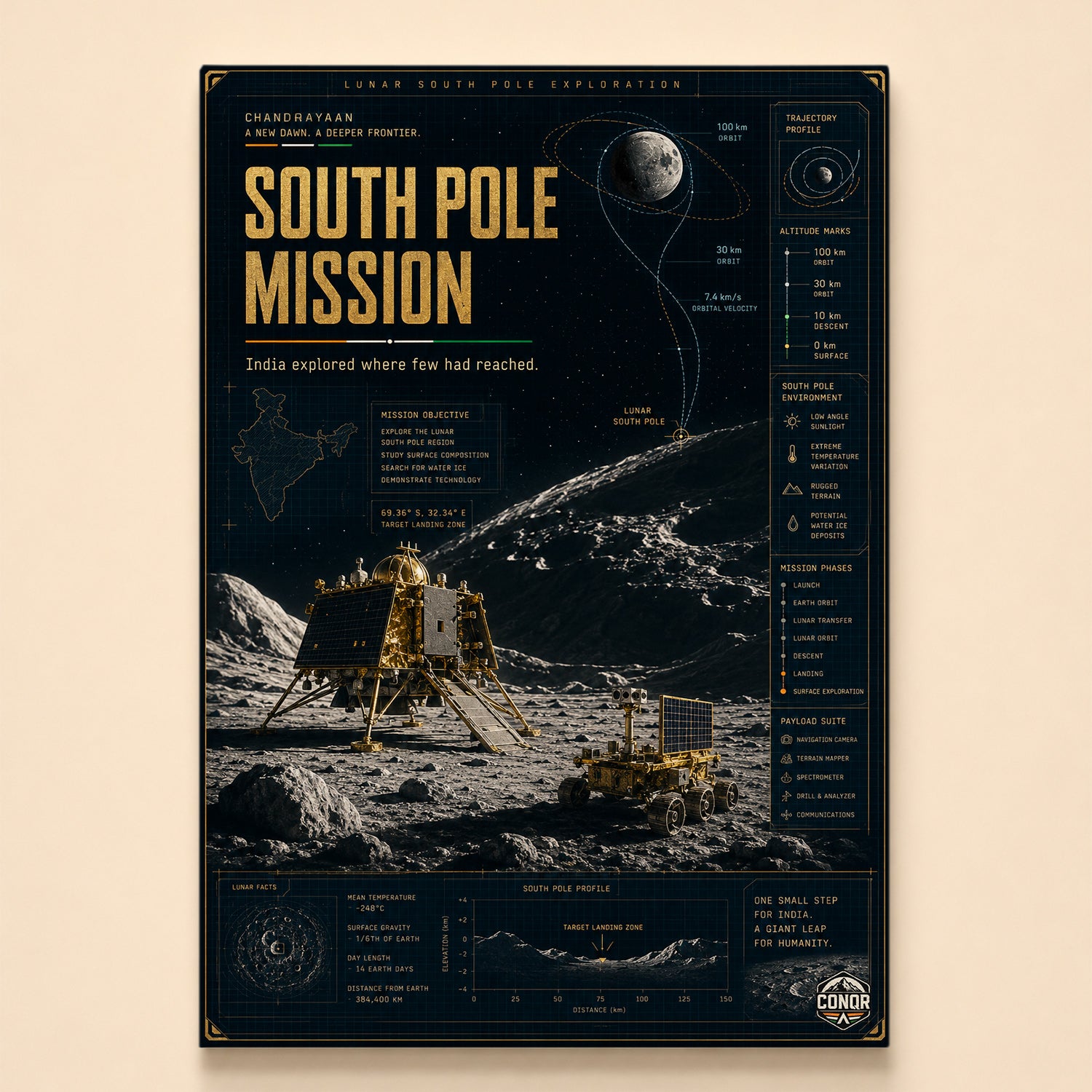 Chandrayaan lander and rover at the lunar south pole with orbital trajectory diagram