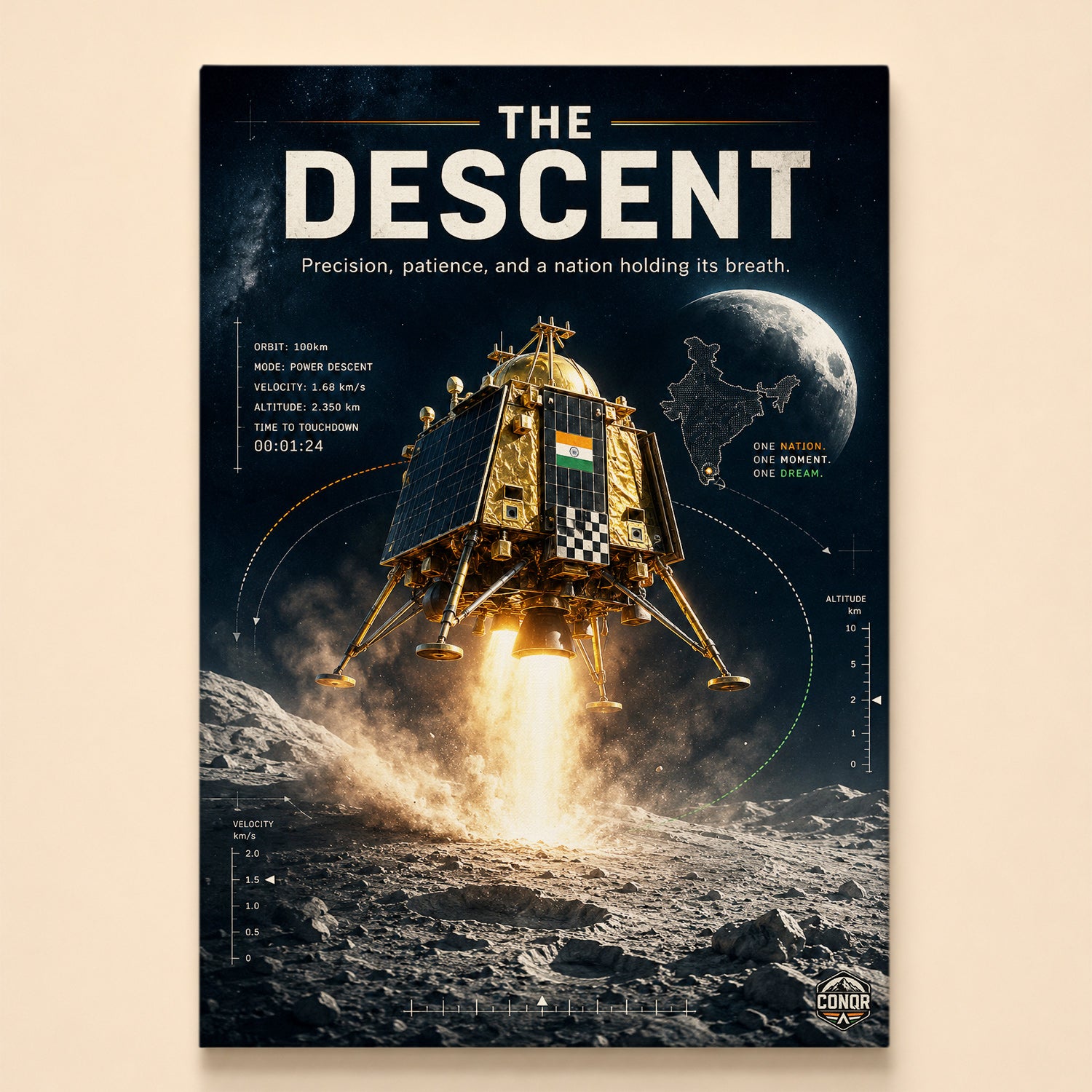Lander firing retro-thrusters in powered descent with countdown telemetry – The Descent