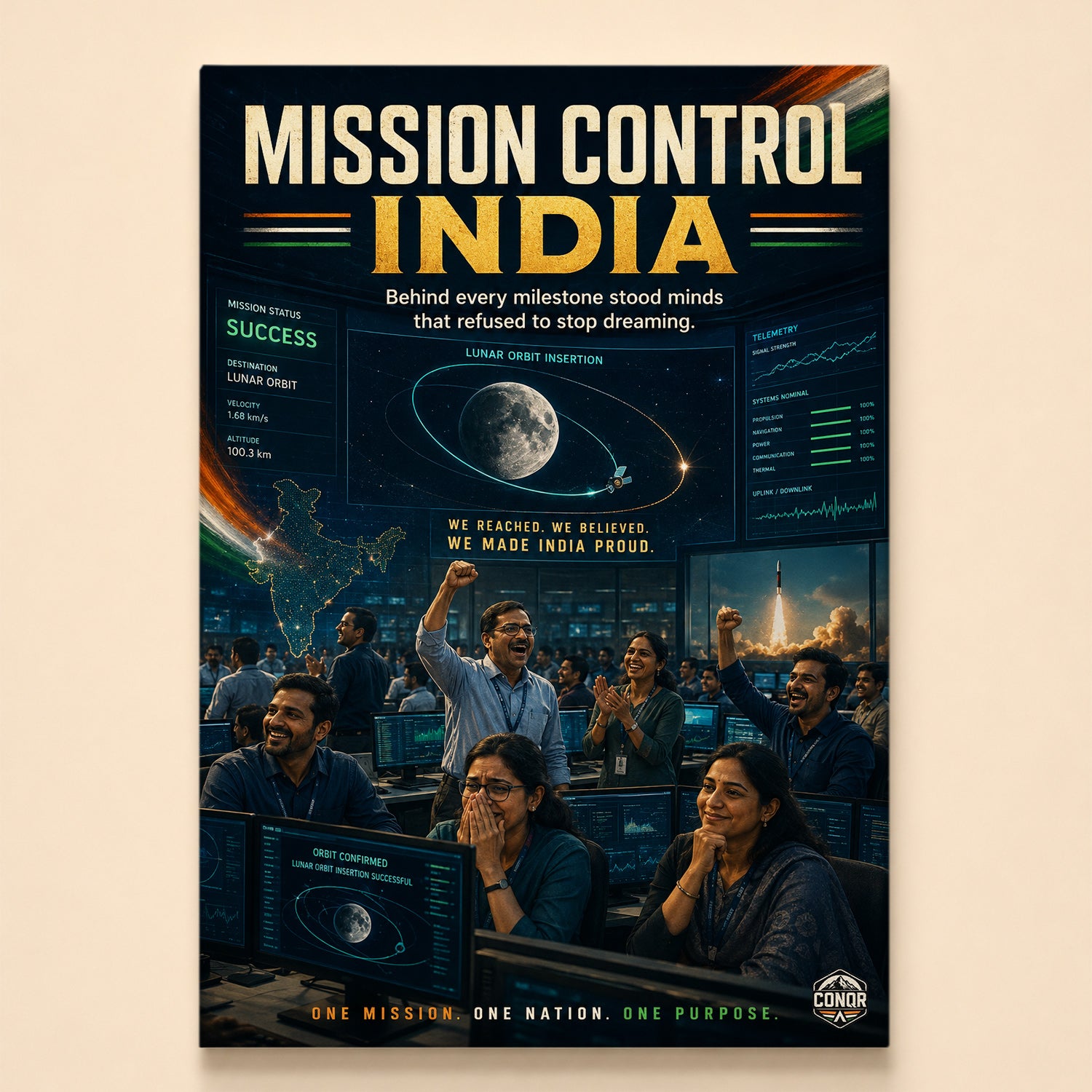 Mission control celebrating lunar orbit insertion with all telemetry green – Mission Control India