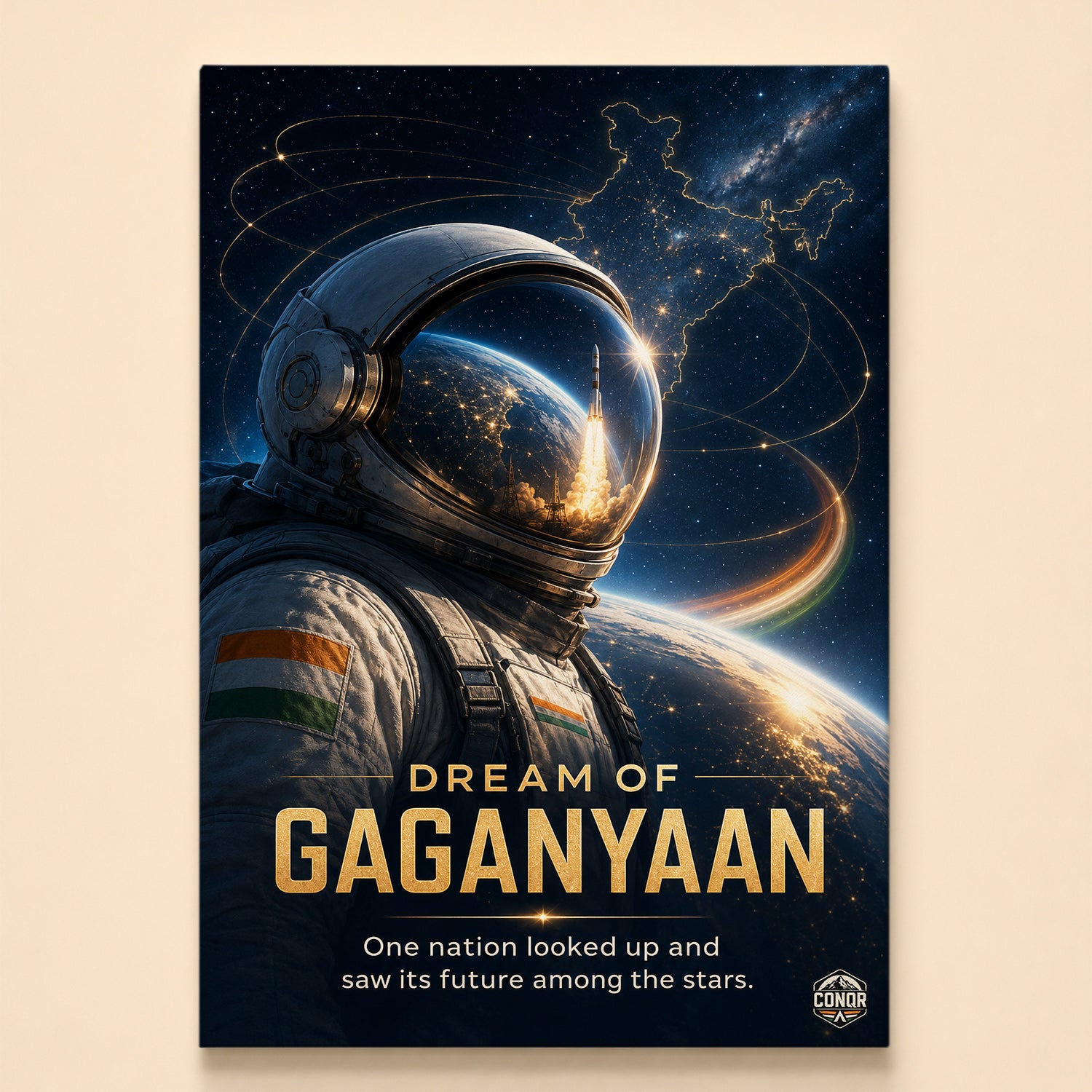 Astronaut with a rocket launch reflected in the visor and India in gold stars – Dream of Gaganyaan