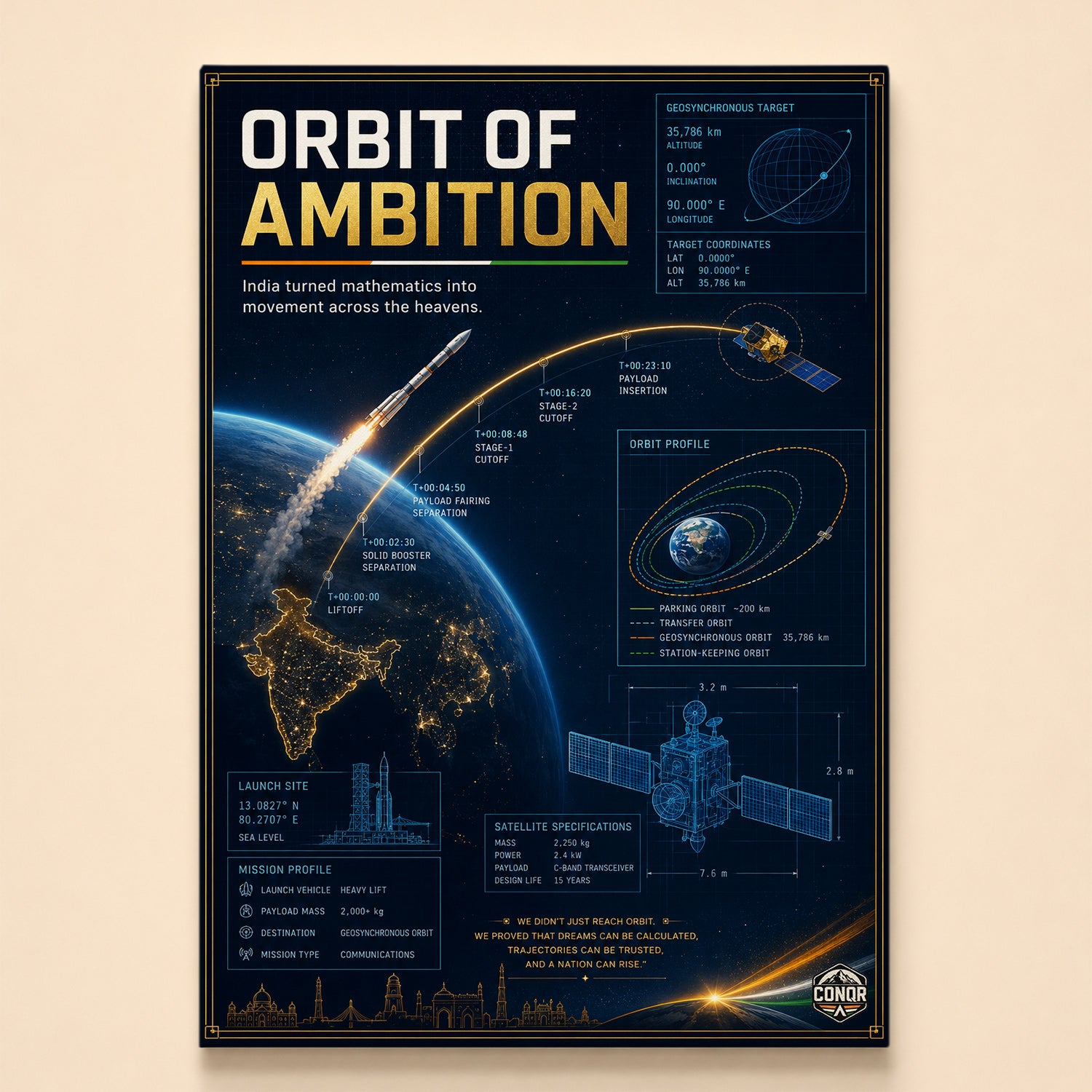 Golden launch trajectory climbing from India to geosynchronous orbit with mission timeline