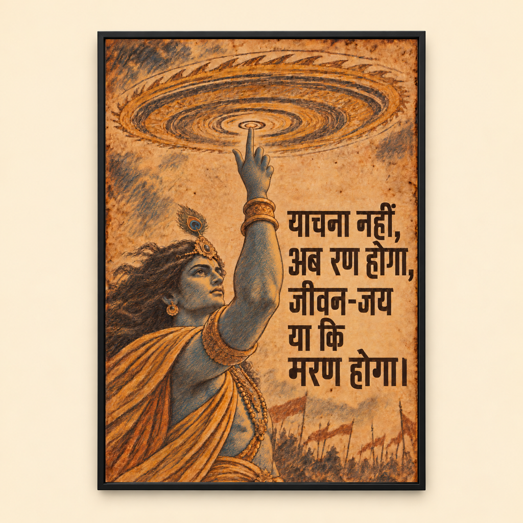 Ab Ran Hoga Krishna canvas wall art, shared finish view, Black Box Frame, warm beige background.