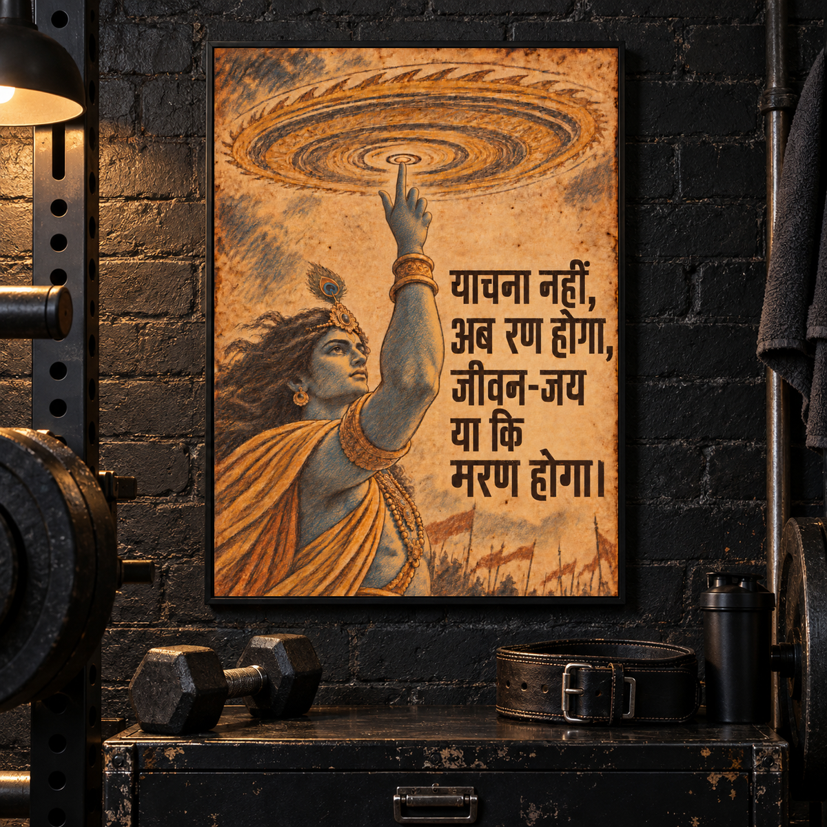 Ab Ran Hoga Krishna canvas wall art, 18x24 inches, Black Box Frame, basement gym.