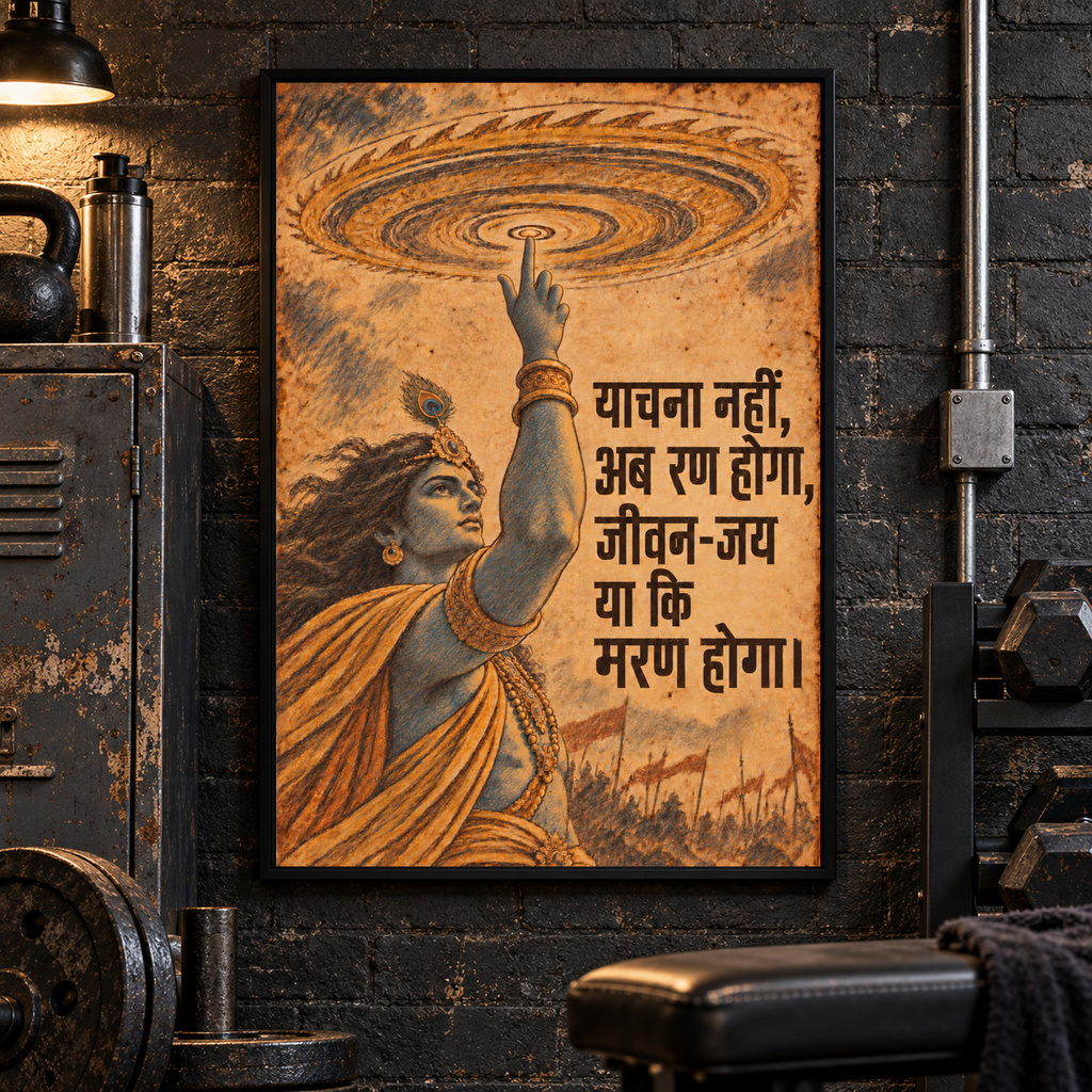 Ab Ran Hoga Krishna canvas wall art, 20x30 inches, Black Box Frame, basement gym.