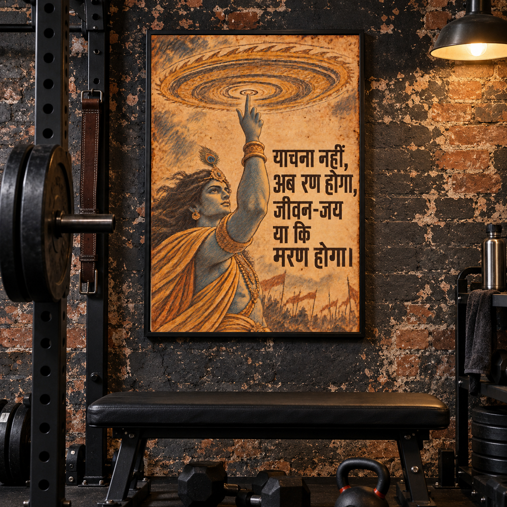 Ab Ran Hoga Krishna canvas wall art, 24x36 inches, Black Box Frame, basement gym.