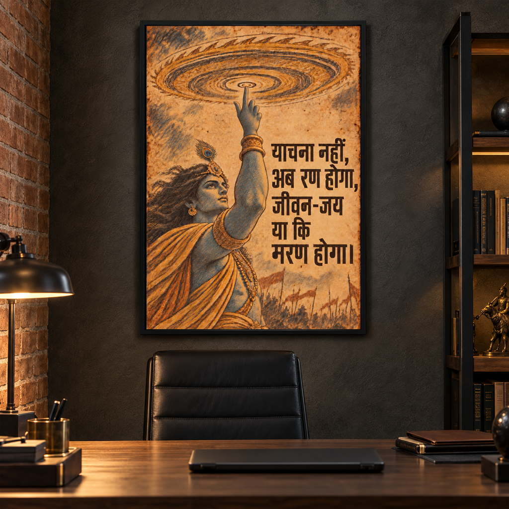 Ab Ran Hoga Krishna canvas wall art, 24x36 inches, Black Box Frame, office.