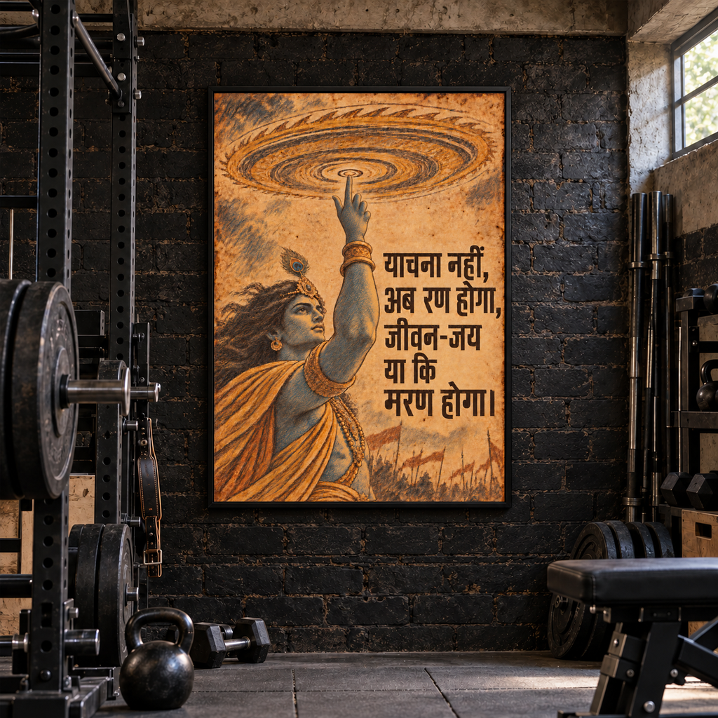 Ab Ran Hoga Krishna canvas wall art, 36x48 inches, Black Box Frame, basement gym.