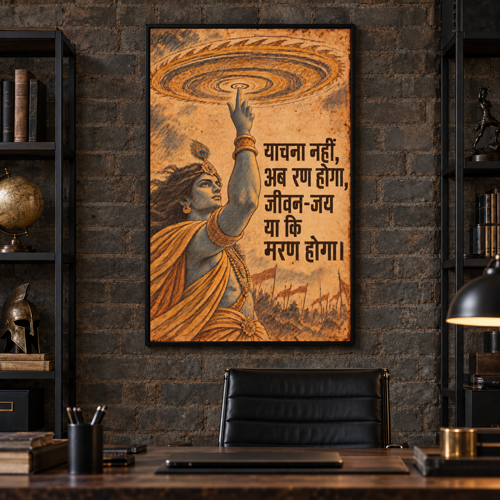 Ab Ran Hoga Krishna canvas wall art, 36x48 inches, Black Box Frame, office.