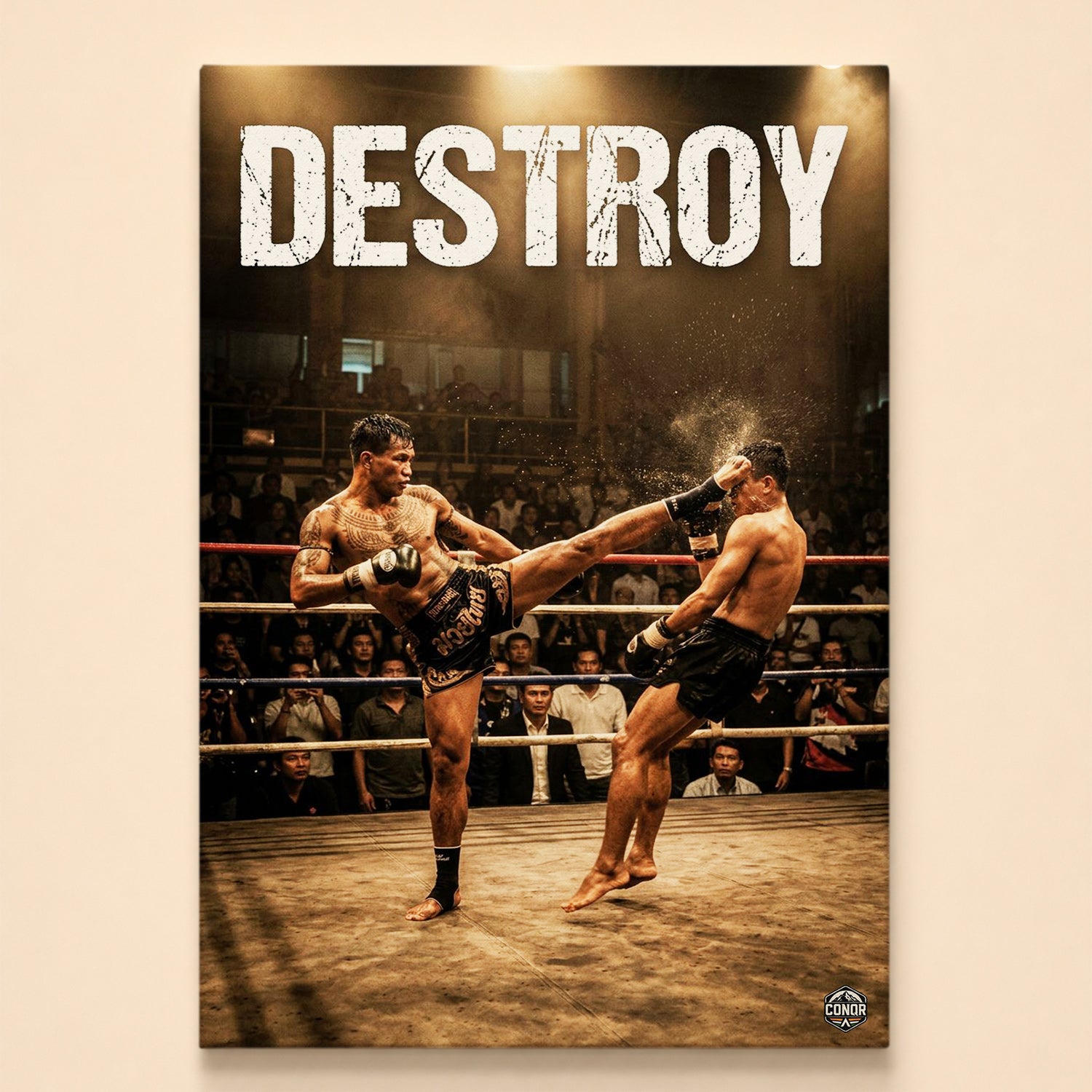 Muay Thai fighter landing a high kick in the ring under the word Destroy